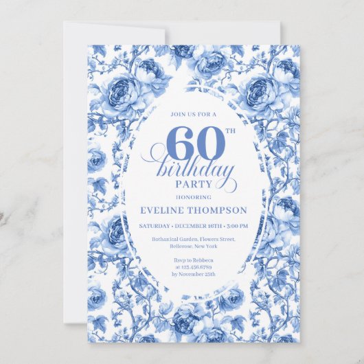Chic Blue Toile Roses 60th Birthday Invitation 招待状 (正面)