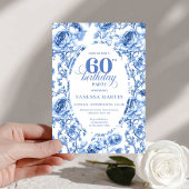 Chic Blue Toile Roses 60th Birthday Invitation  招待状