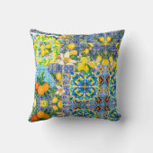 Chic blue turquoise sicilian citrus floral tiles  クッション (裏面)
