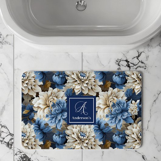 Chic Blue White Flowers Personalized Bath Mat バスマット