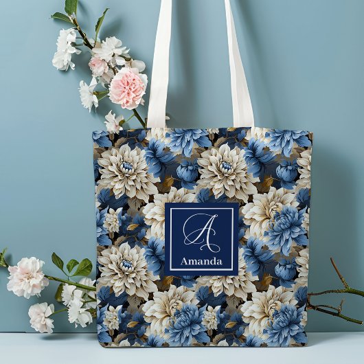 Chic Blue White Flowers Personalized Tote Bag トートバッグ