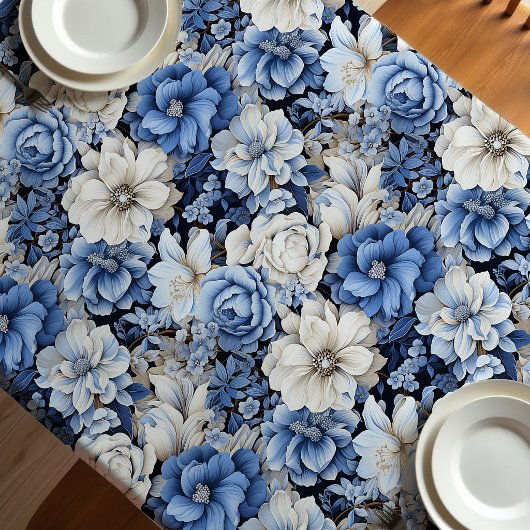 Chic Blue White Ivory Floral Modern Tablecloth テーブルクロス