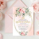 Chic Blush and Gold Boho Quinceañera Invitation 招待状