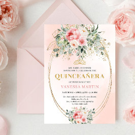 Chic Blush and Gold Boho Quinceañera Invitation 招待状