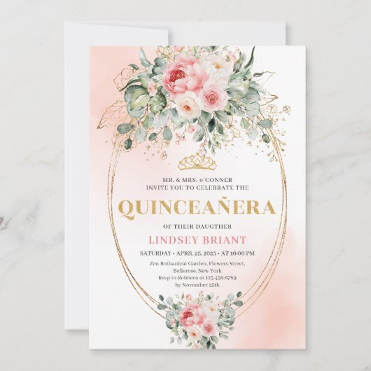 Chic Blush and Gold Boho Quinceañera Invitation 招待状 (正面)