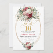 Chic Blush Burgundy Floral Sweet Sixteen Birthday  招待状 (正面)