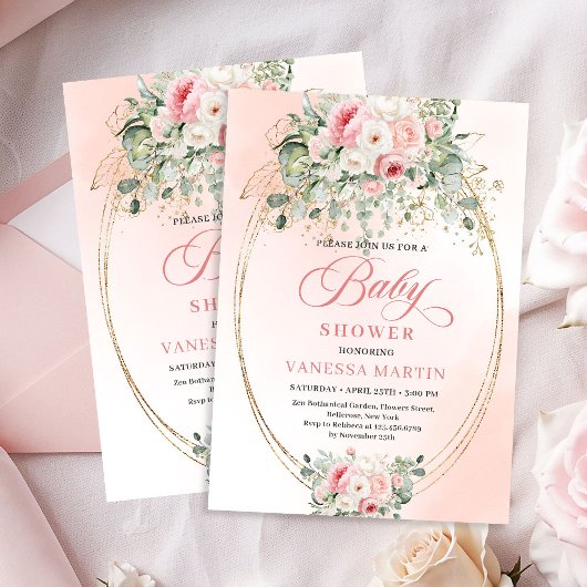 Chic Blush Floral Gold Baby Shower Invite for Girl 招待状
