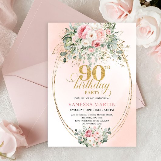 Chic Blush Floral Greenery 90th Birthday Invite 招待状
