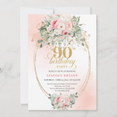 Chic Blush Floral Greenery 90th Birthday Invite 招待状 (正面)