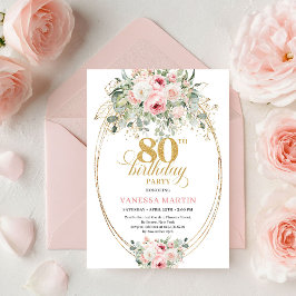Chic Blush Floral Greenery Gold 80th Birthday 招待状