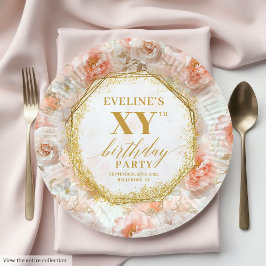 Chic Blush Floral Ivory Gold Birthday Paper Plates ペーパープレート