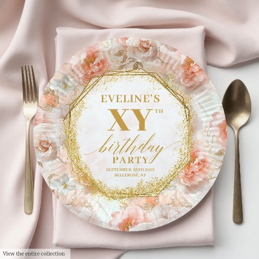 Chic Blush Floral Ivory Gold Birthday Paper Plates ペーパープレート