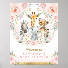 Chic Blush Gold Jungle Safari Baby Animals Welcome ポスター