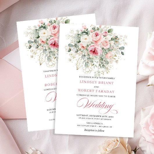 Chic Blush Peony Gold Floral Wedding Invitation 招待状