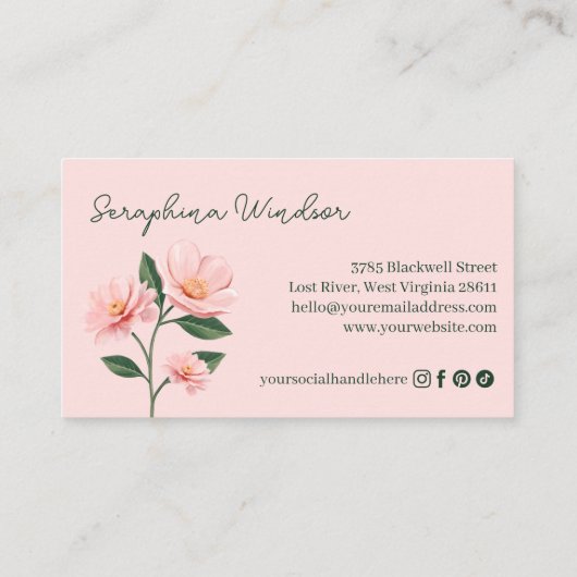 Chic Blush Pink Floral Botanical Girly Feminine 名刺 (裏面)