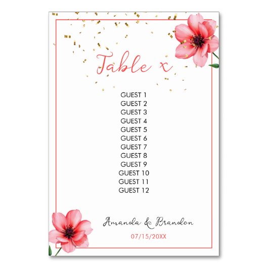 Chic Blush Pink Floral Confetti Frame Wedding テーブルナンバー (正面)