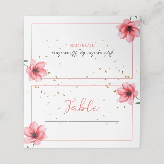 Chic Blush Pink Floral Confetti Frame Wedding プレイスカード (外部開封)