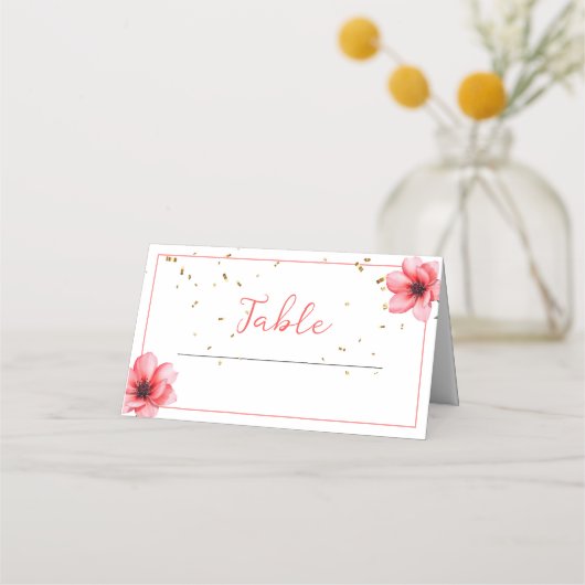 Chic Blush Pink Floral Confetti Frame Wedding プレイスカード (正面)