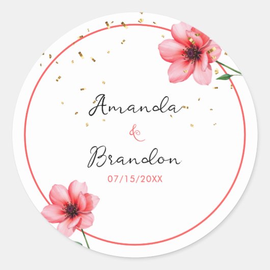Chic Blush Pink Floral Confetti Frame Wedding ラウンドシール (正面)