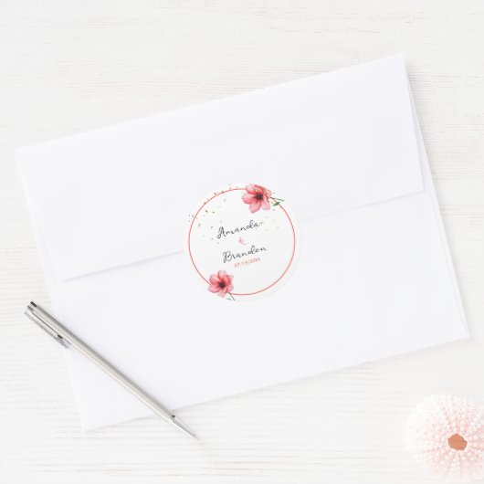 Chic Blush Pink Floral Confetti Frame Wedding ラウンドシール (封筒)