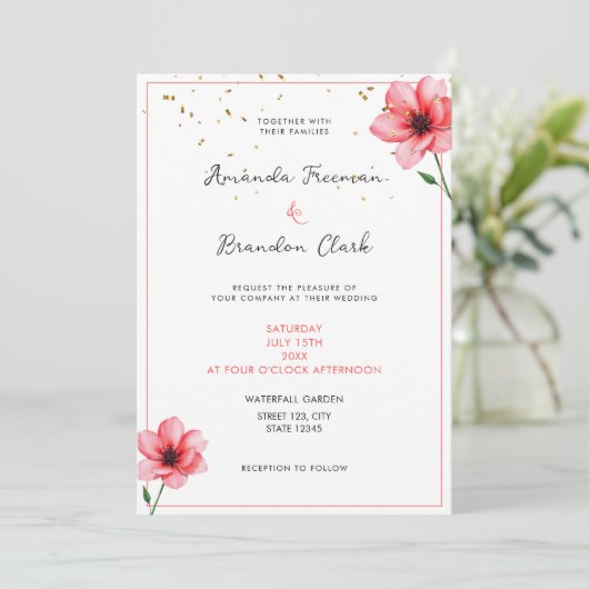 Chic Blush Pink Floral Confetti Frame Wedding 招待状 (スタンド正面)