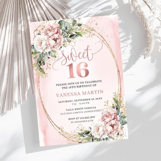 Chic Blush Pink Floral Eucalyptus Sweet 16 Invite 招待状