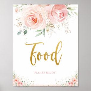 Chic Blush Pink Floral Gold Foliage Food Sign ポスター