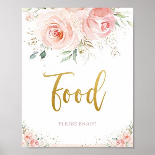 Chic Blush Pink Floral Gold Foliage Food Sign ポスター (正面)