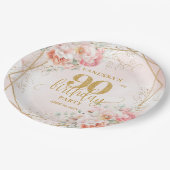 Chic Blush Pink Floral Gold Frame 90th Birthday  ペーパープレート (アングル)