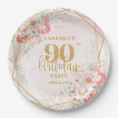 Chic Blush Pink Floral Gold Frame 90th Birthday  ペーパープレート (正面)