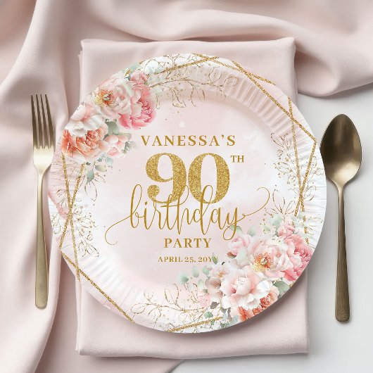Chic Blush Pink Floral Gold Frame 90th Birthday  ペーパープレート
