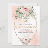 Chic Blush Pink Floral Gold Quinceañera Boho Invit 招待状 (正面)
