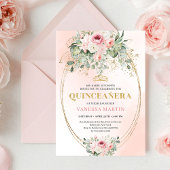 Chic Blush Pink Floral Gold Quinceañera Boho Invit 招待状