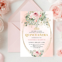 Chic Blush Pink Floral Gold Quinceañera Boho Invit 招待状