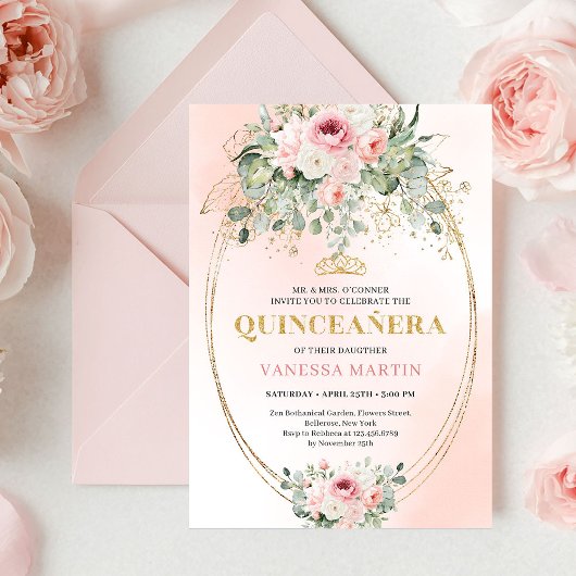 Chic Blush Pink Floral Gold Quinceañera Boho Invit 招待状