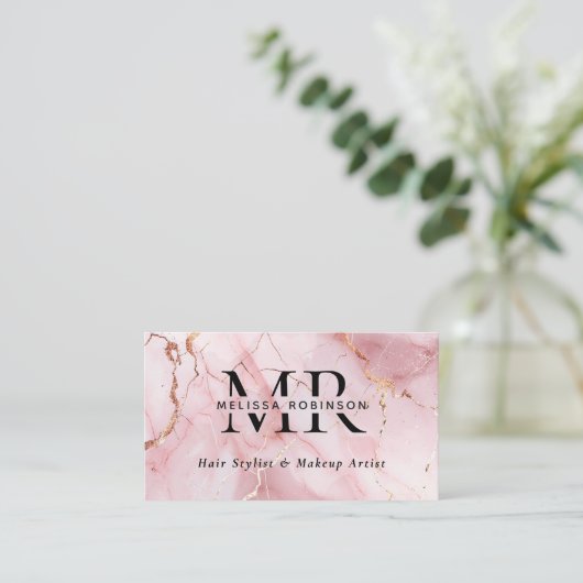 Chic Blush Pink & Gold Marble Monogram and QR Code 名刺 (スタンド正面)