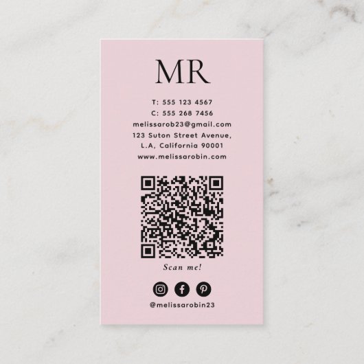 Chic Blush Pink & Gold Marble Monogram and QR Code 名刺 (裏面)