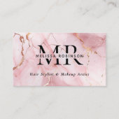 Chic Blush Pink & Gold Marble Monogram and QR Code 名刺 (正面)