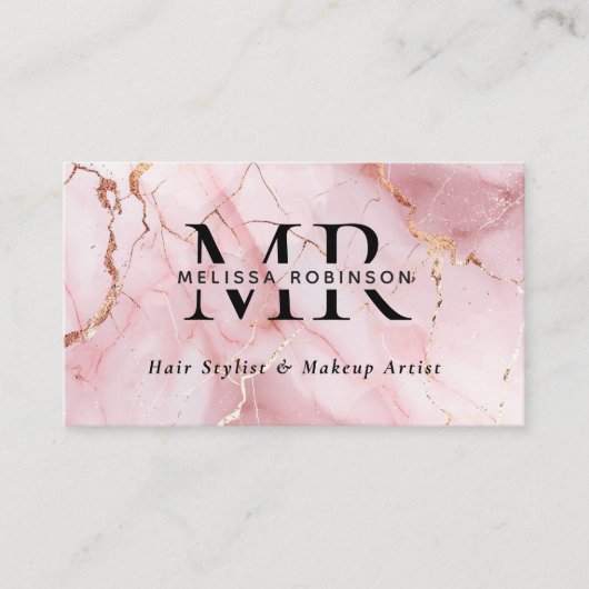 Chic Blush Pink & Gold Marble Monogram and QR Code 名刺 (正面)