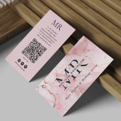 Chic Blush Pink & Gold Marble Monogram and QR Code 名刺