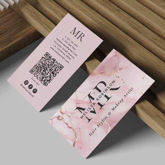 Chic Blush Pink & Gold Marble Monogram and QR Code 名刺