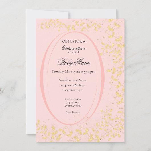 Chic Blush Pink & Gold Quinceanera Invitation 招待状 (正面)