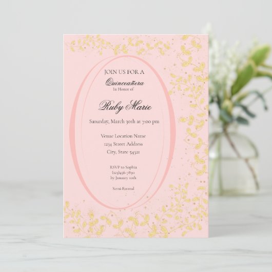 Chic Blush Pink & Gold Quinceanera Invitation 招待状 (スタンド正面)