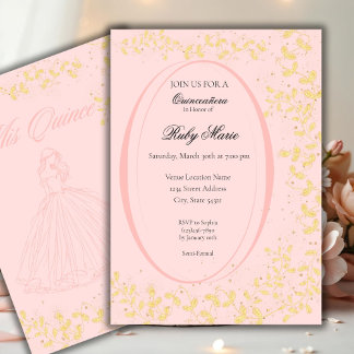 Chic Blush Pink & Gold Quinceanera Invitation 招待状