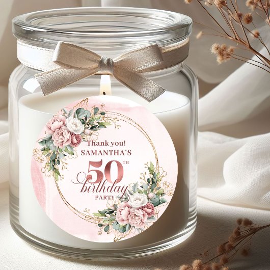 Chic Blush Pink Greenery 50th Birthday Party Label ラウンドシール