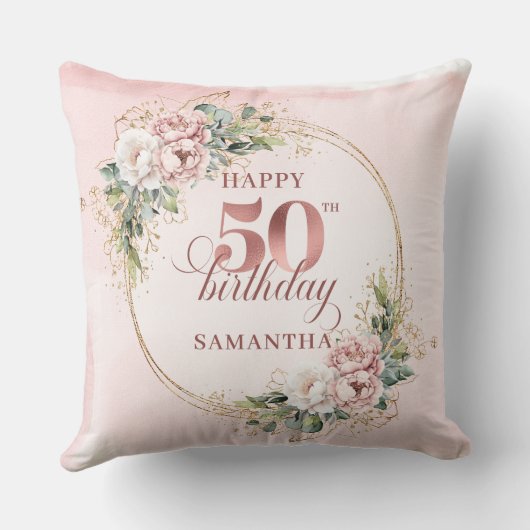 Chic Blush Pink Greenery 50th Birthday Pillow Gift クッション (裏面)