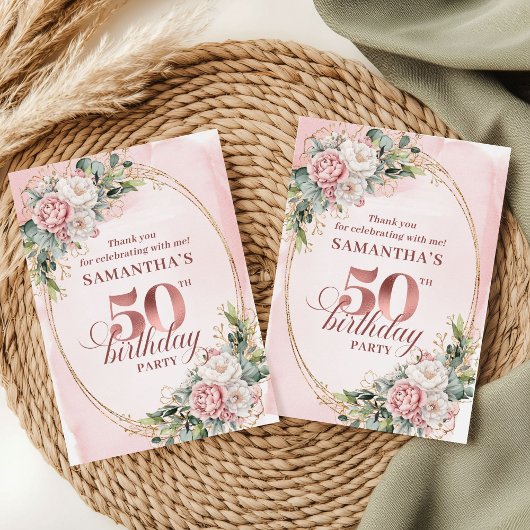Chic Blush Pink Greenery 50th Birthday Thank You  サンキューカード