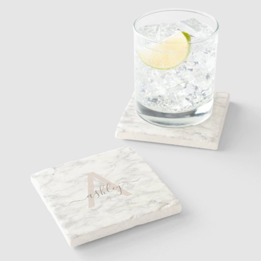 Chic Blush Pink White Marble Script Name Monogram ストーンコースター (横)