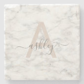 Chic Blush Pink White Marble Script Name Monogram ストーンコースター (正面)