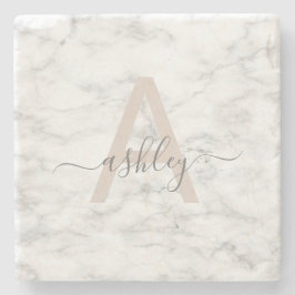 Chic Blush Pink White Marble Script Name Monogram ストーンコースター